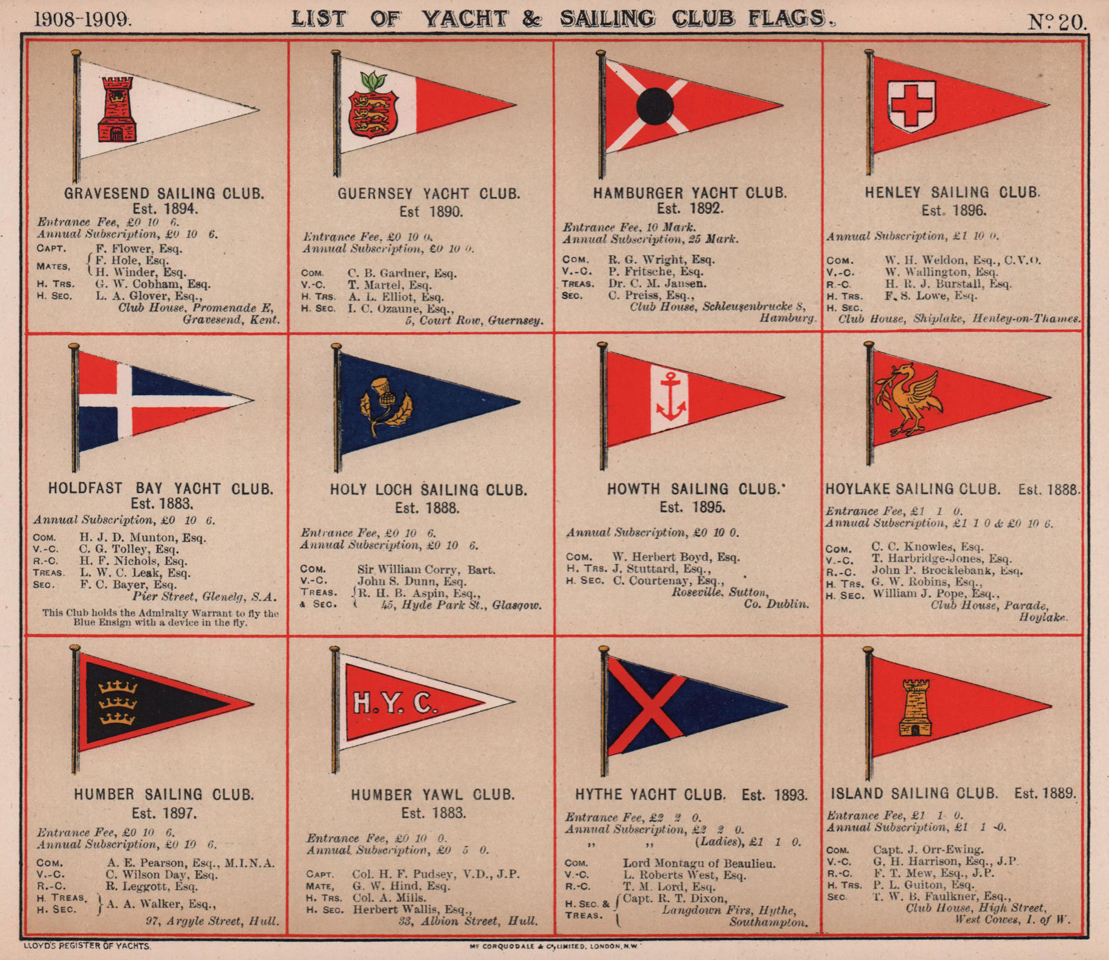 YACHT & SAILING CLUB FLAGS G-I Guernsey Henley Holdfast Howth Humber Hythe 1908