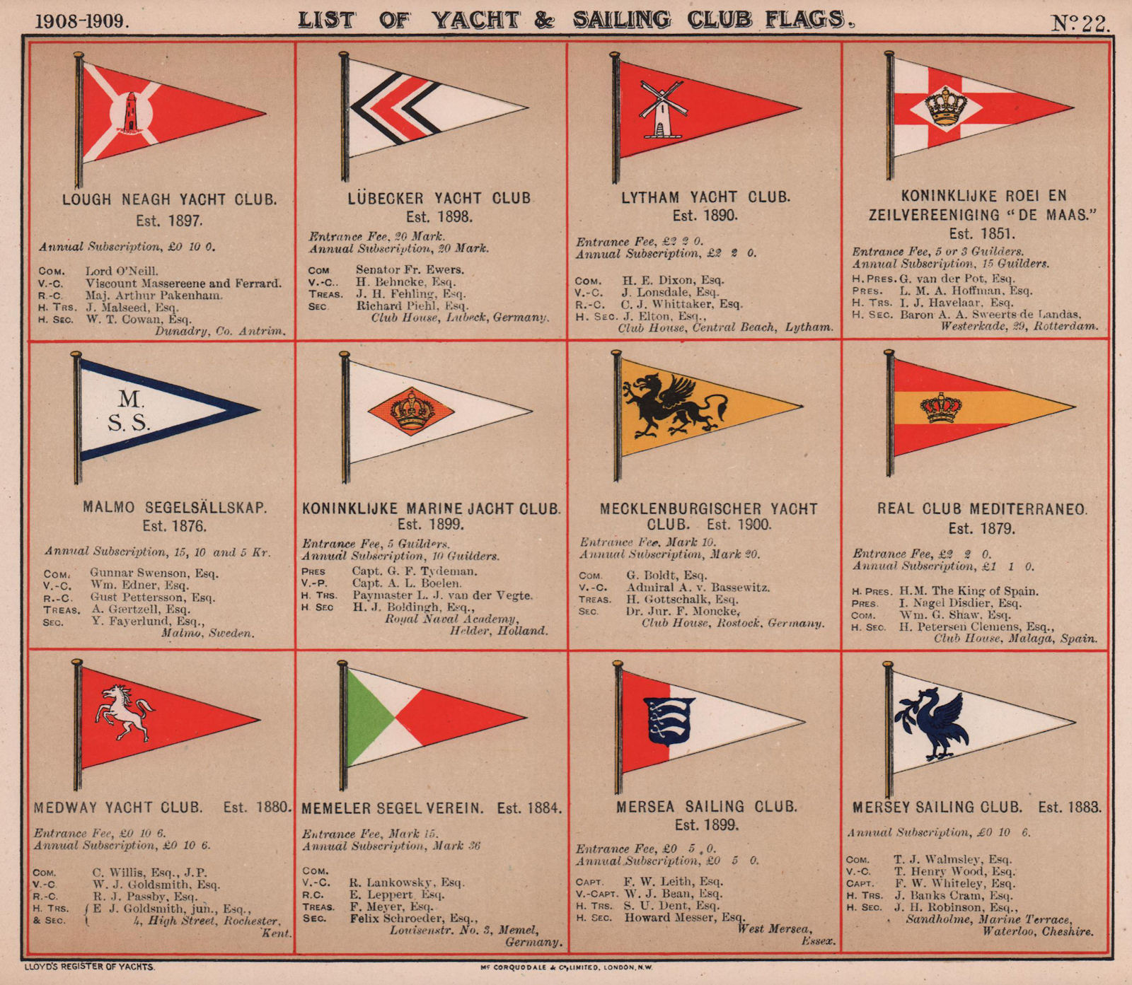 YACHT & SAILING CLUB FLAGS L-M Neagh Lübeck Lytham Maas Malmo Medway Mersey 1908