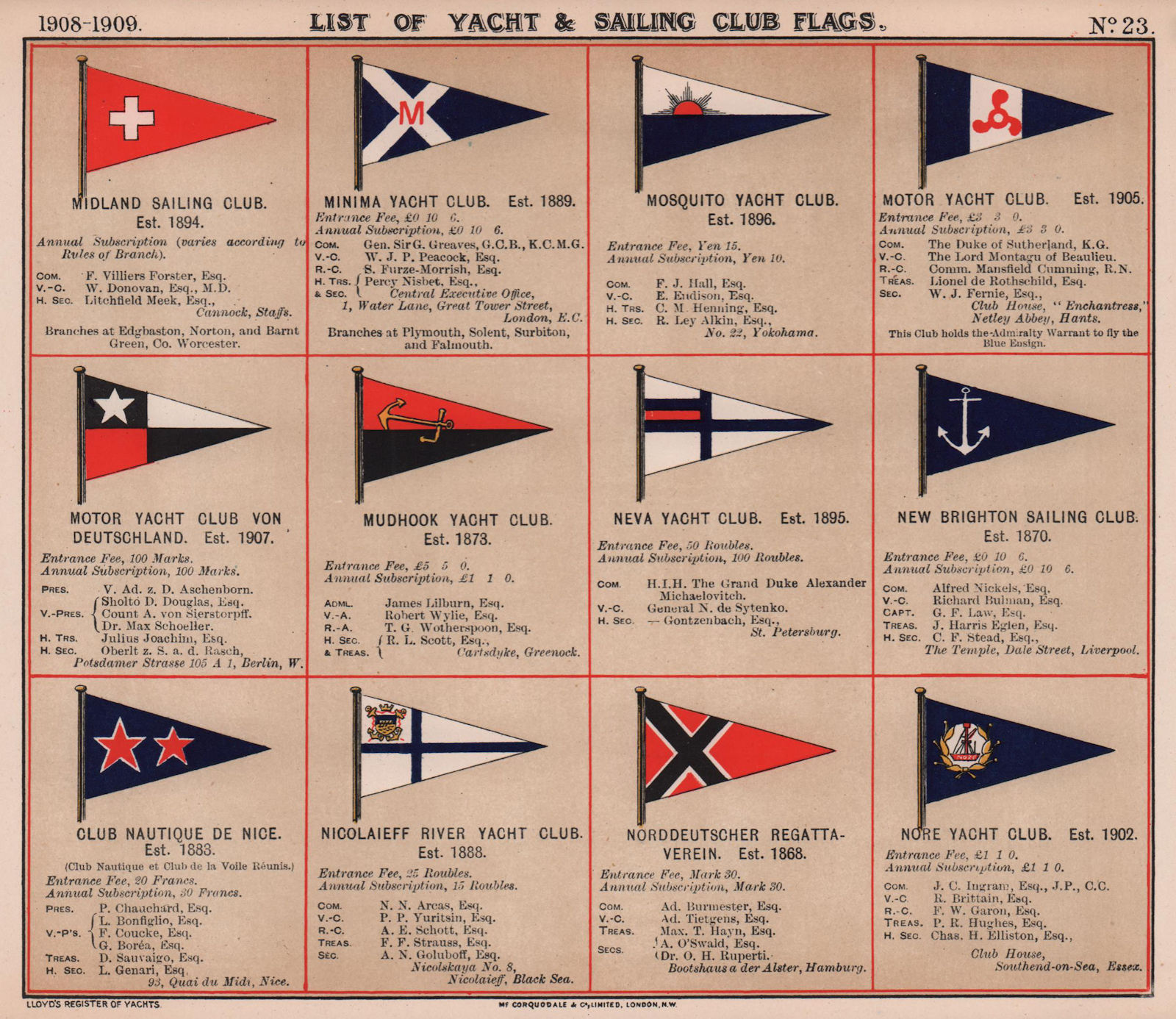 Associate Product YACHT & SAILING CLUB FLAGS M-N Midland Minima Mosquito Mudhook Nice Nore 1908
