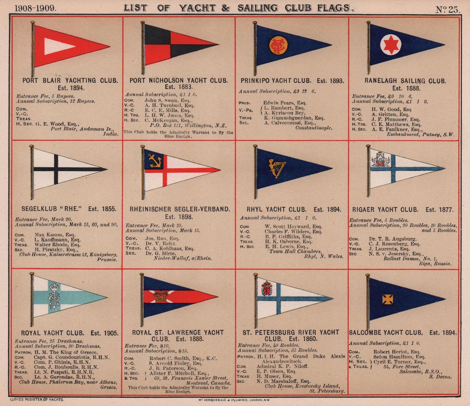 YACHT & SAILING CLUB FLAGS P-S Port Blair/Nicholson Ranelagh Rhyl Salcombe 1908