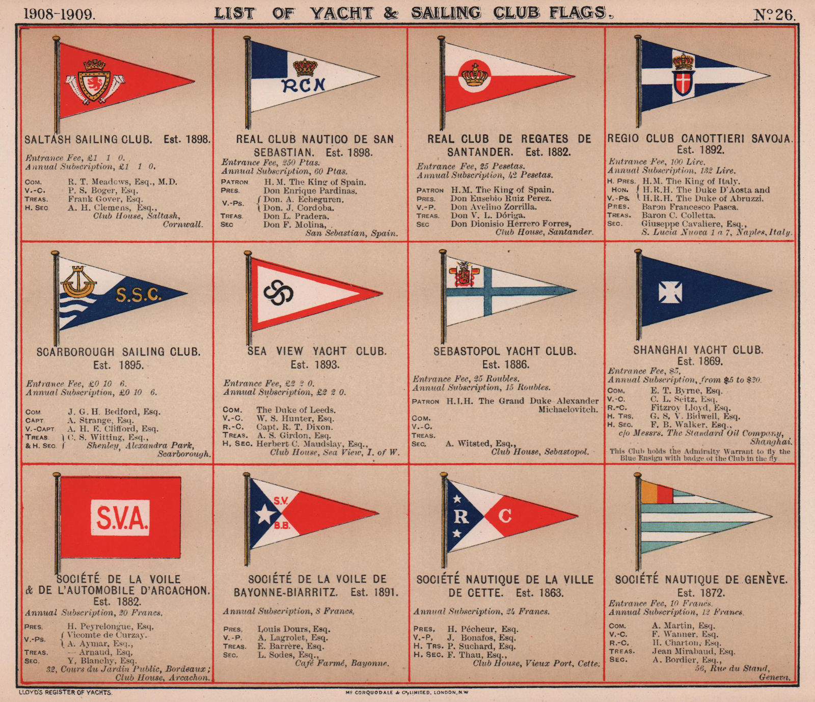 YACHT/SAILING CLUB FLAGS S Saltash Shanghai Arcachon Biarritz Cette Genève 1908