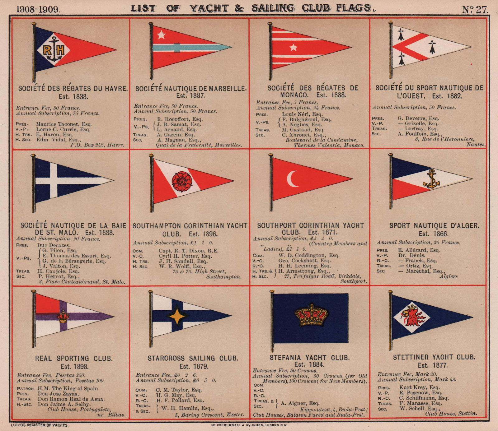 Associate Product YACHT & SAILING CLUB FLAGS S Havre Marseille Monaco St Malo Southport 1908