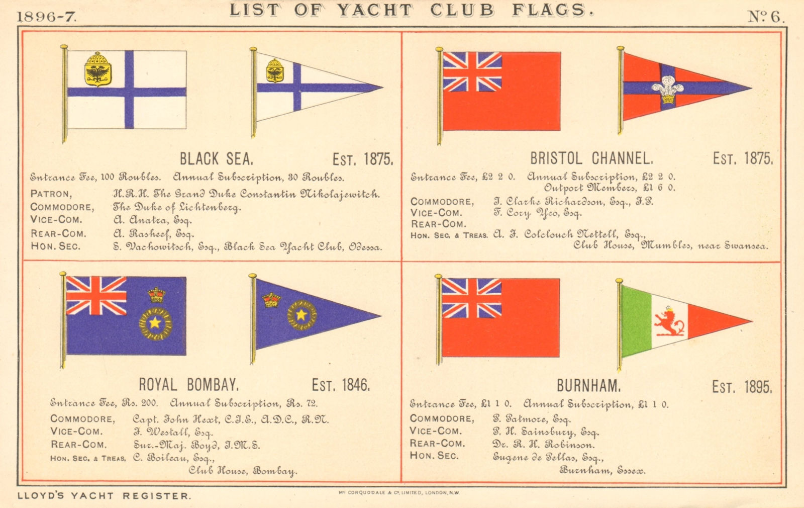 YACHT & SAILING CLUB FLAGS Black Sea Bristol Channel Royal Bombay Burnham 1896
