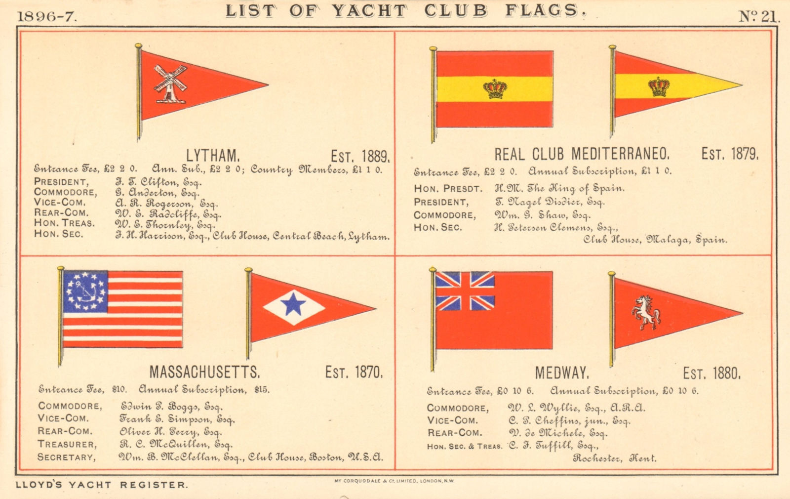 YACHT/SAILING CLUB FLAGS Lytham Real Club Mediterraneo Massachusetts Medway 1896