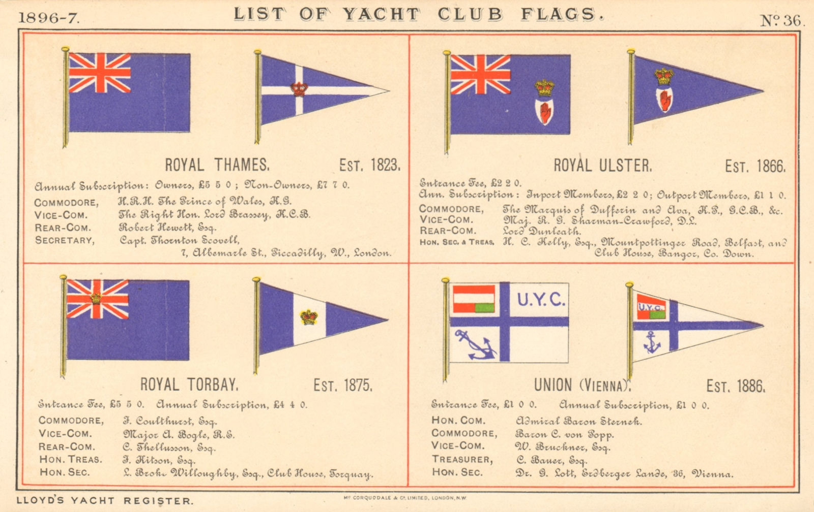 ROYAL YACHT & SAILING CLUB FLAGS. Thames. Ulster. Torbay. Union (Vienna) 1896