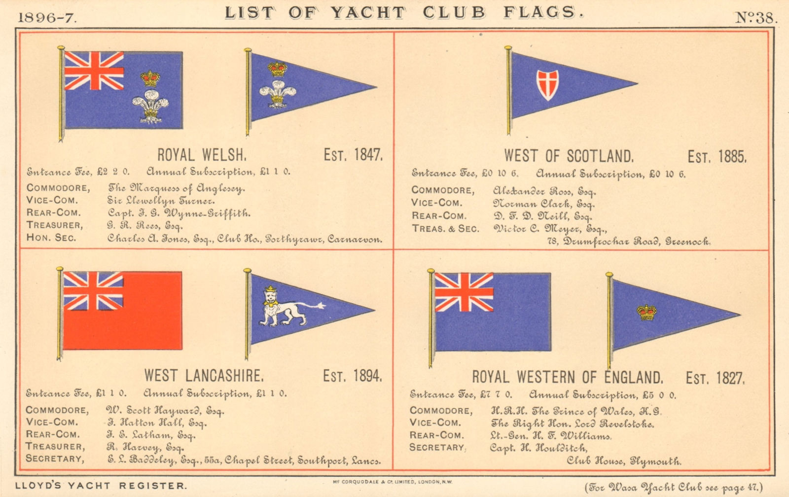 ROYAL YACHT & SAILING CLUB FLAGS Welsh. West of Scotland/England/Lancashire 1896