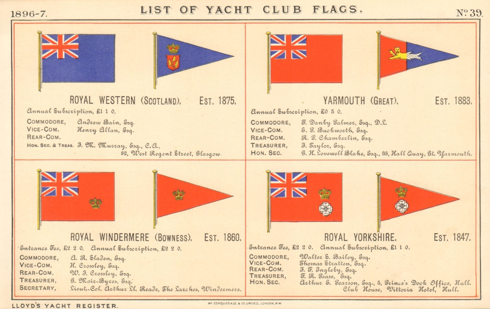 ROYAL YACHT & SAILING CLUB FLAGS. Western. Yarmouth. Windermere. Yorkshire 1896