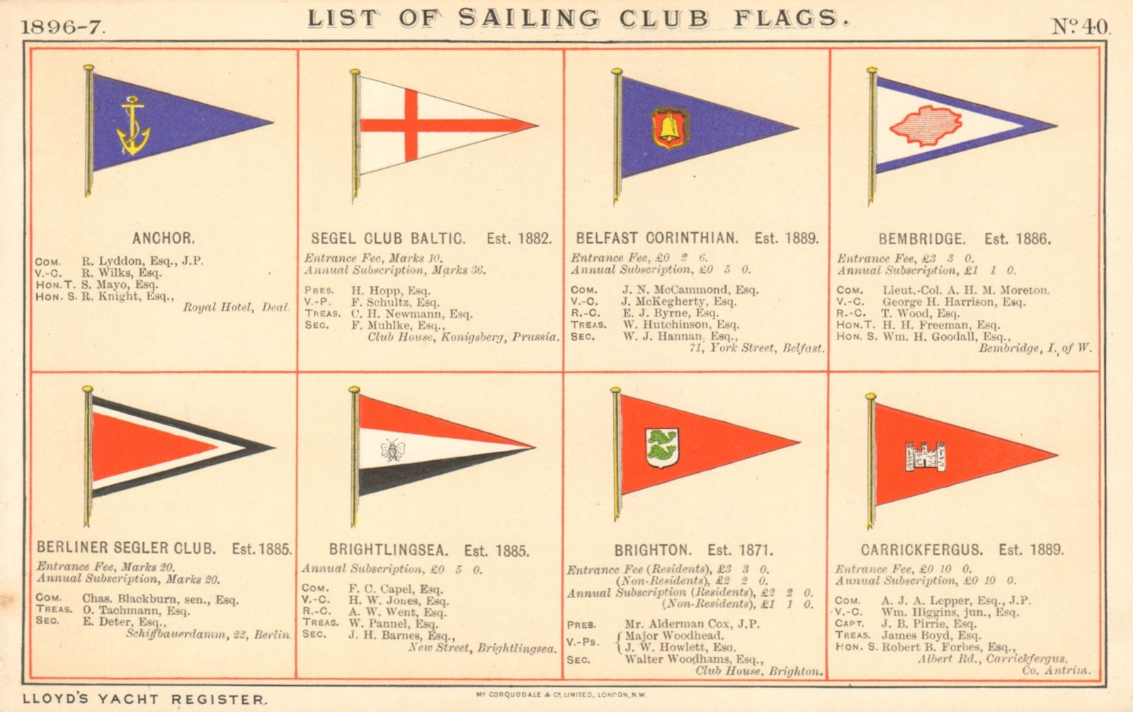 YACHT & SAILING CLUB FLAGS A-C Belfast Brightlingsea Brighton Carrickfergus 1896