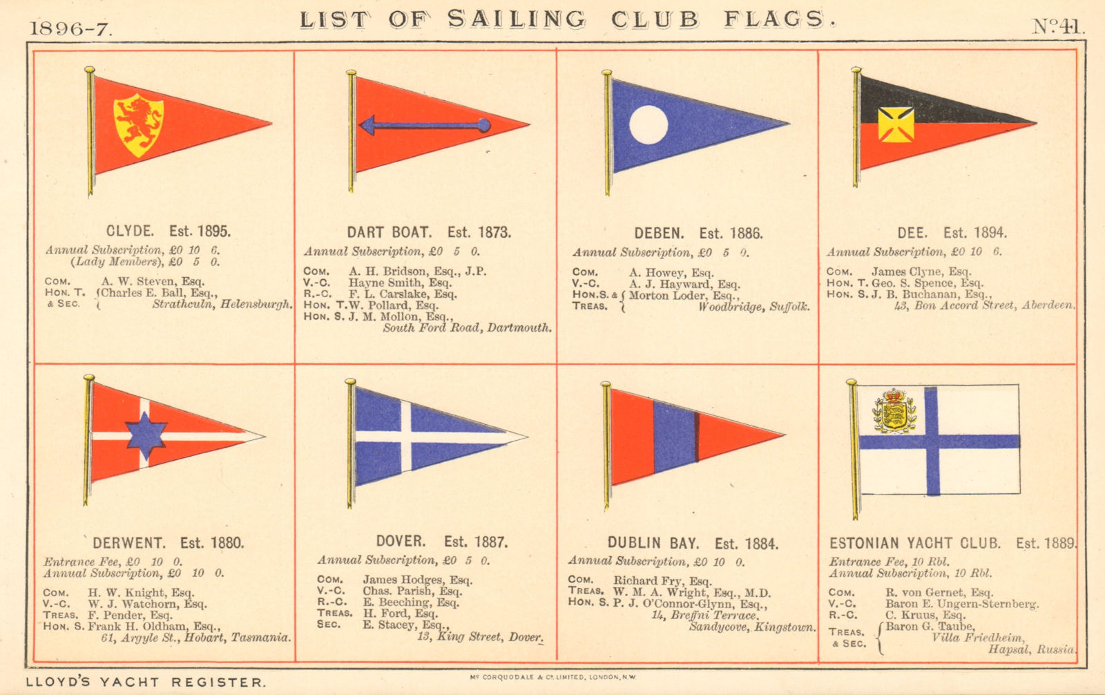 YACHT & SAILING CLUB FLAGS C-E Clyde Dart Boat Dee Derwent Dover Dublin 1896