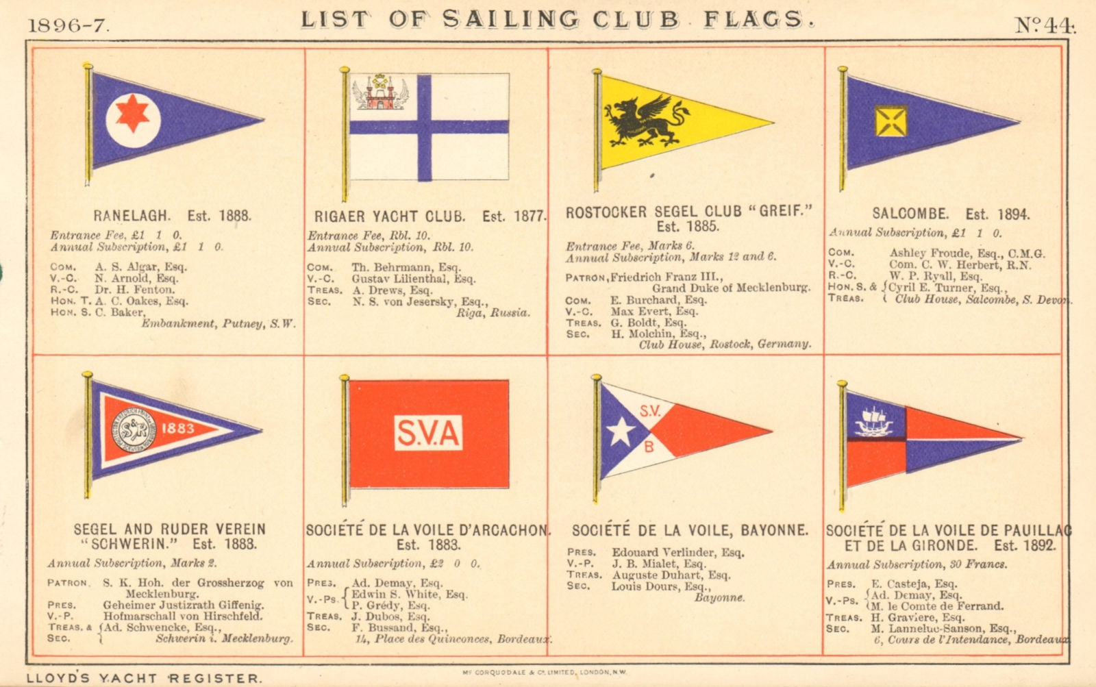 YACHT/SAILING CLUB FLAGS R-S Ranelagh Riga Rostock Salcombe Bayonne Gironde 1896