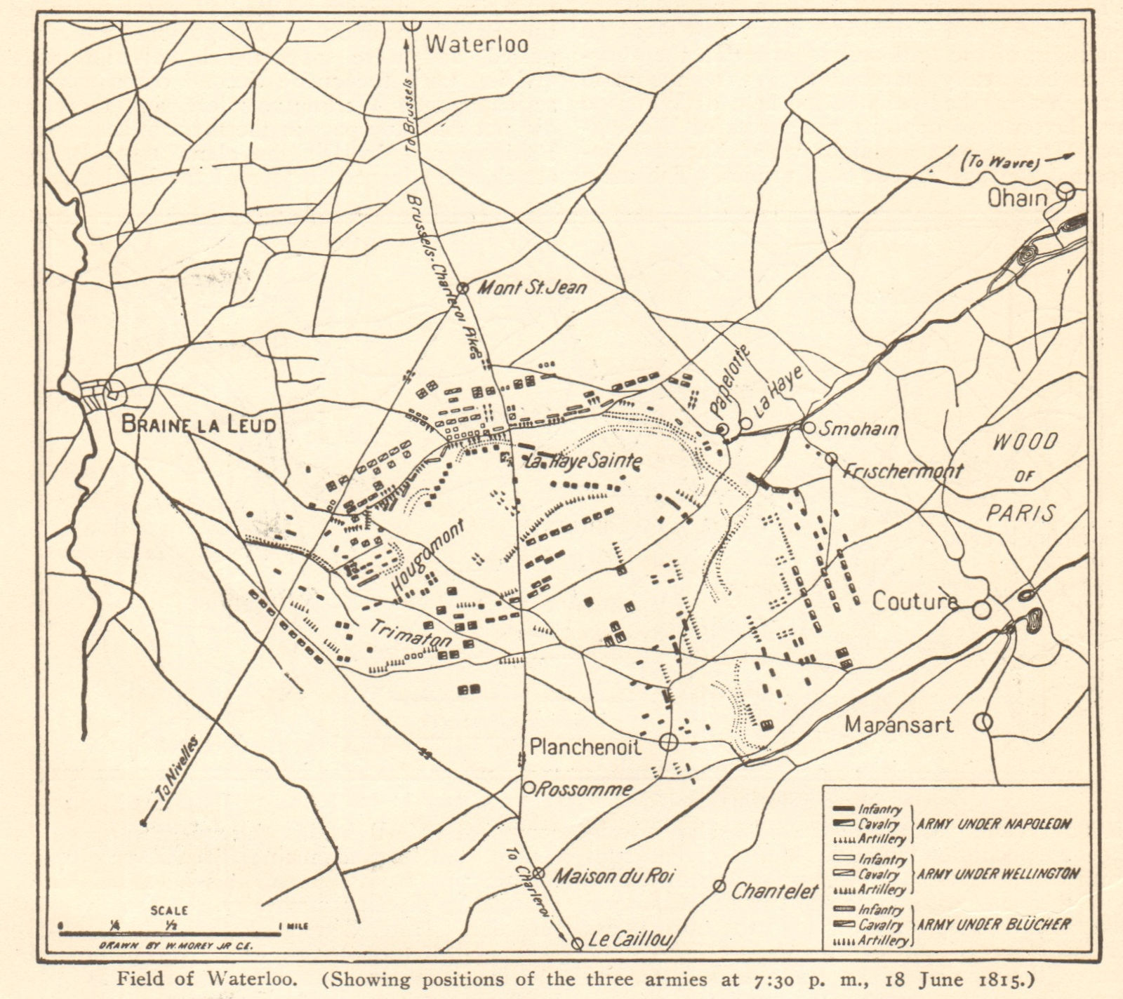 Battle of Waterloo. Positions at 19:30, 18 June 1815. Belgium 1903 old map