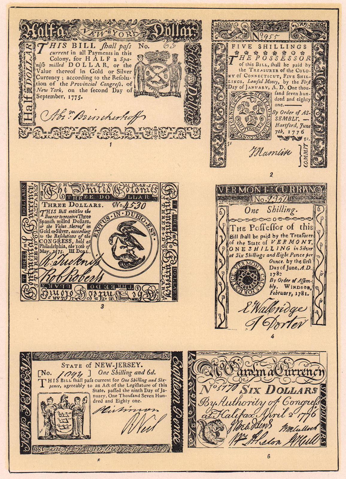 American Colonial Paper Money $ shilling pence 1775-6 New York CT VT NJ NC 1903