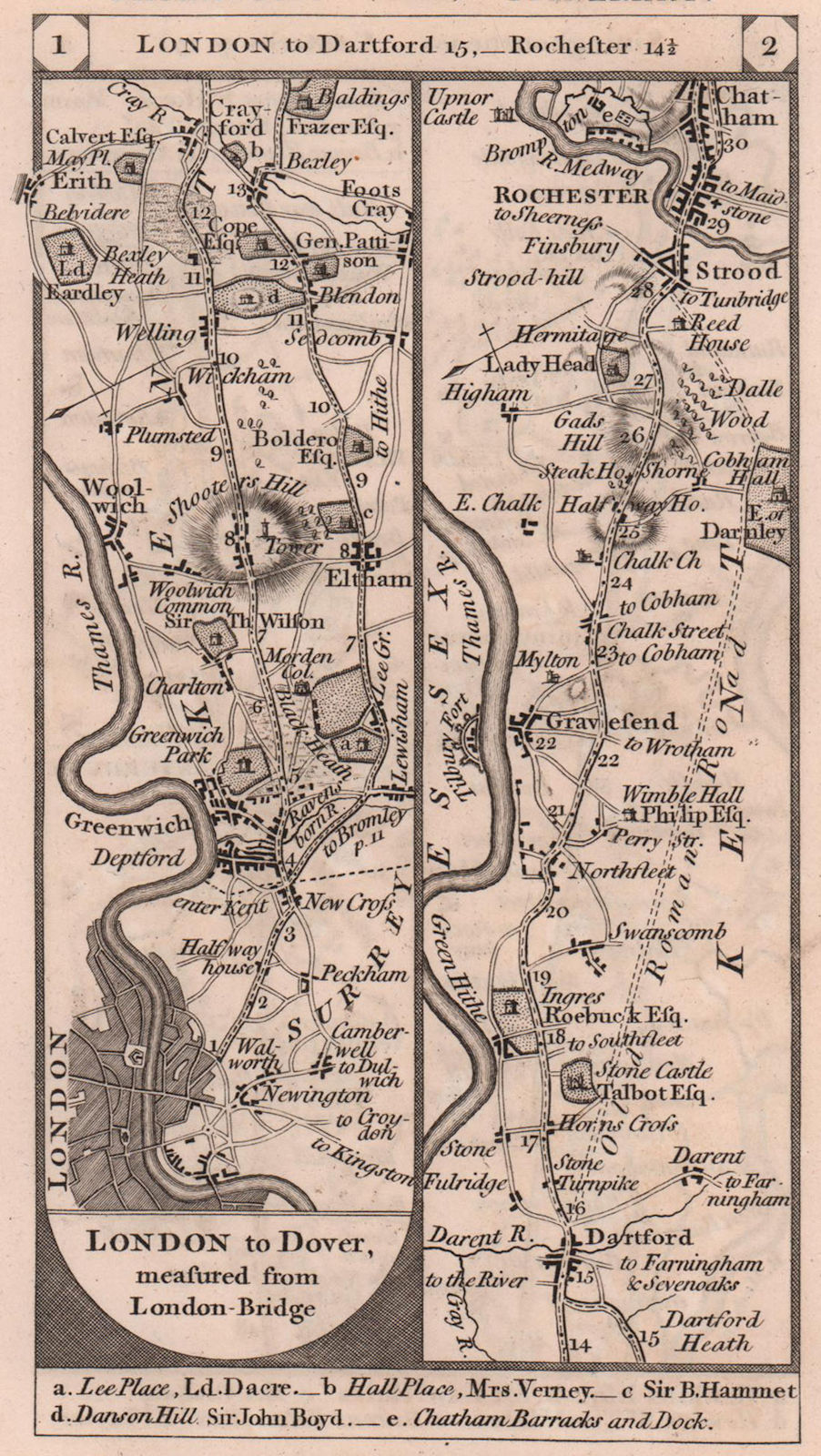London-Greenwich-Dartford-Gravesend-Chatham road strip map PATERSON 1803