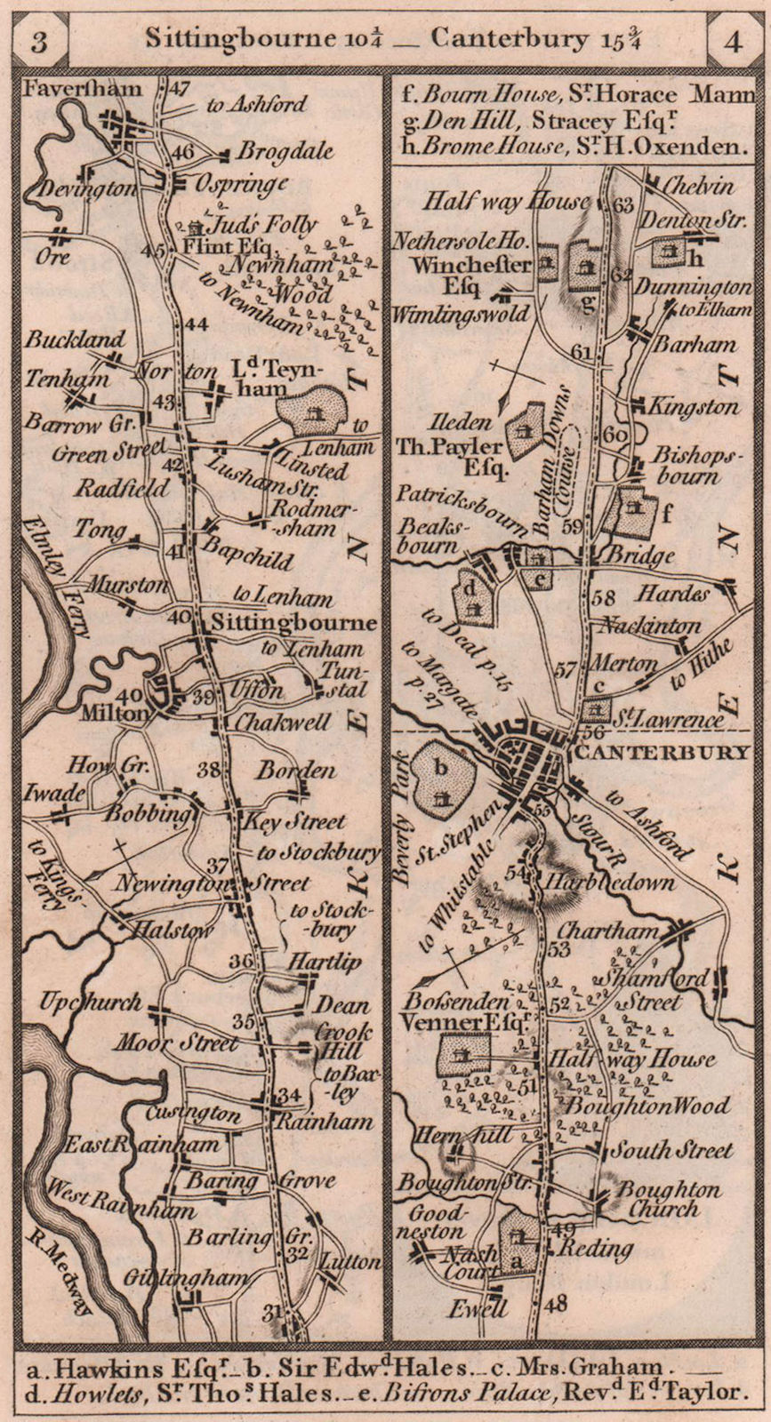 Rainham-Sittingbourne-Faversham-Canterbury road strip map PATERSON 1803