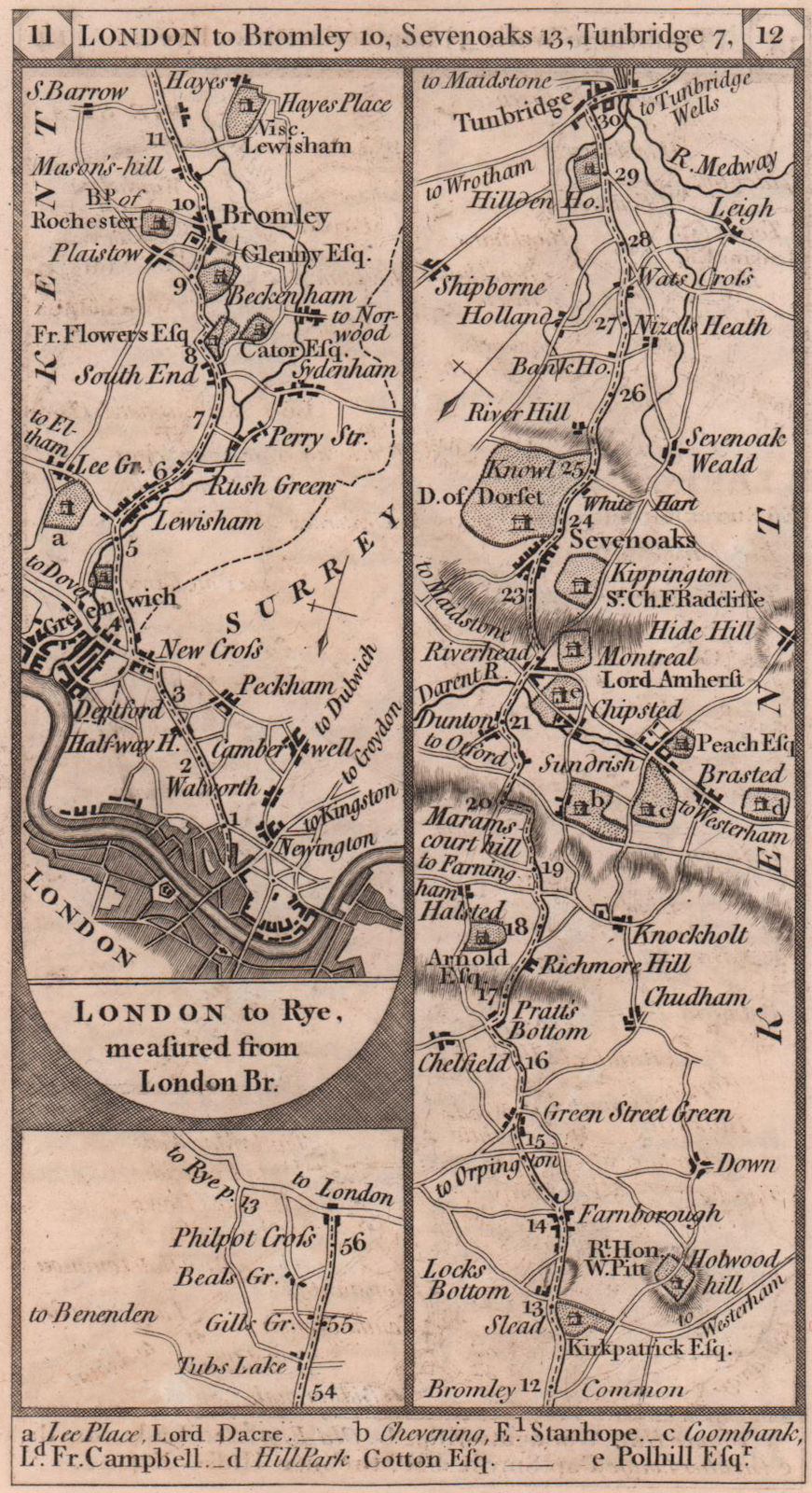 Greenwich-Lewisham-Bromley-Sevenoaks-Tunbridge road strip map PATERSON 1803