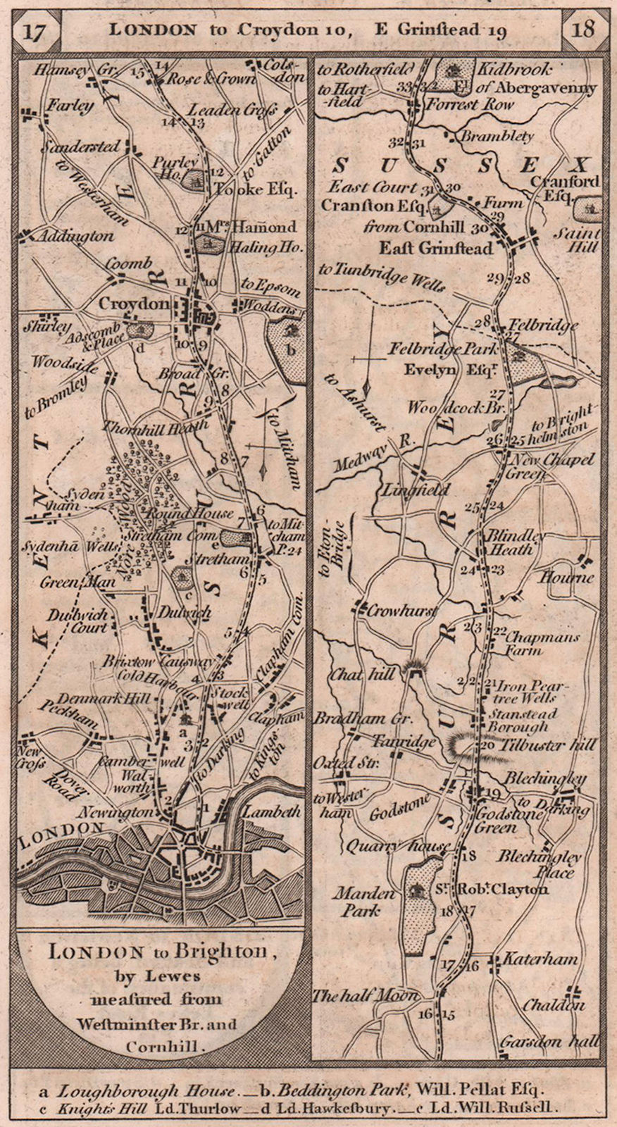 London-Dulwich-Croydon-Godstone-East Grinstead road strip map PATERSON 1803