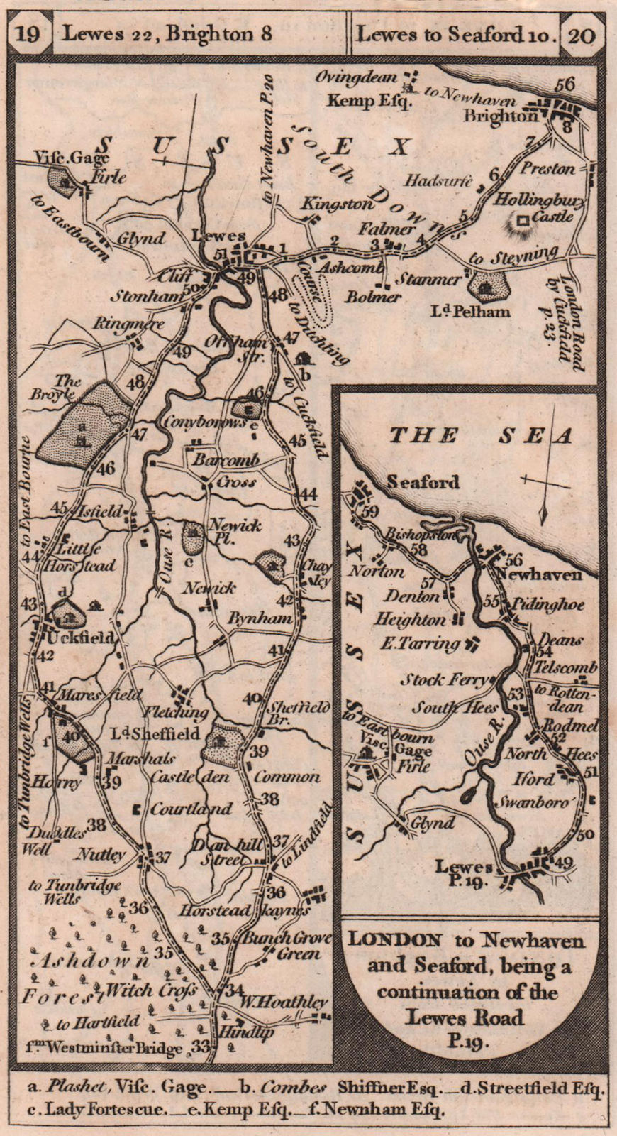 Uckfield-Lewes-Brighton-Newhaven-Seaford road strip map PATERSON 1803 old