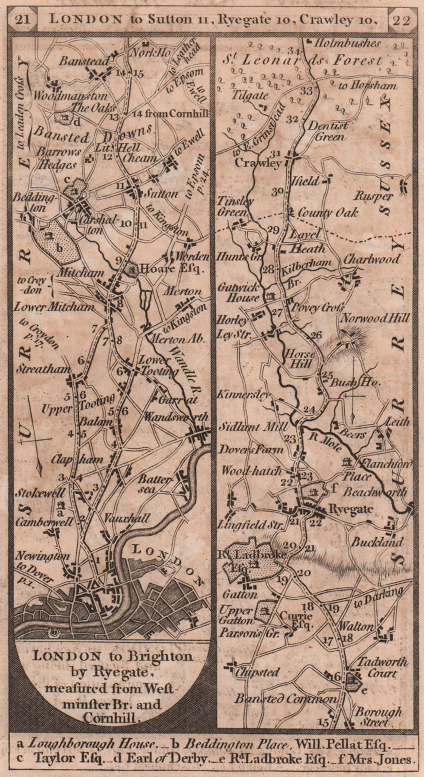 Wandsworth-Clapham-Carshalton-Reigate-Crawley road strip map PATERSON 1803