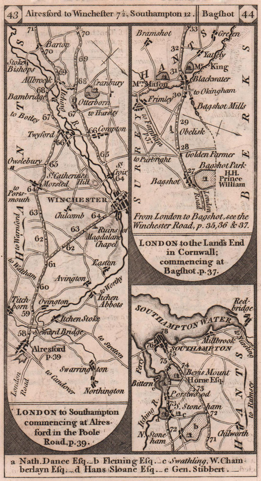 Winchester-Southampton. Bagshot-Yateley road strip map PATERSON 1803 old