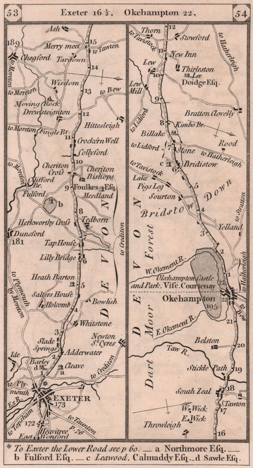 Exeter - Chagford - Okehampton - Bridestowe road strip map PATERSON 1803