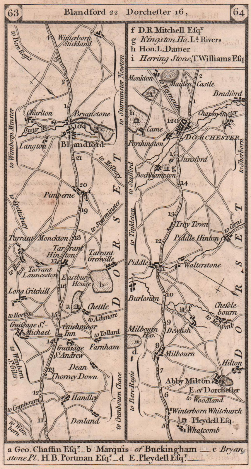 Blandford Forum-Milborne-Puddletown-Dorchester road strip map PATERSON 1803