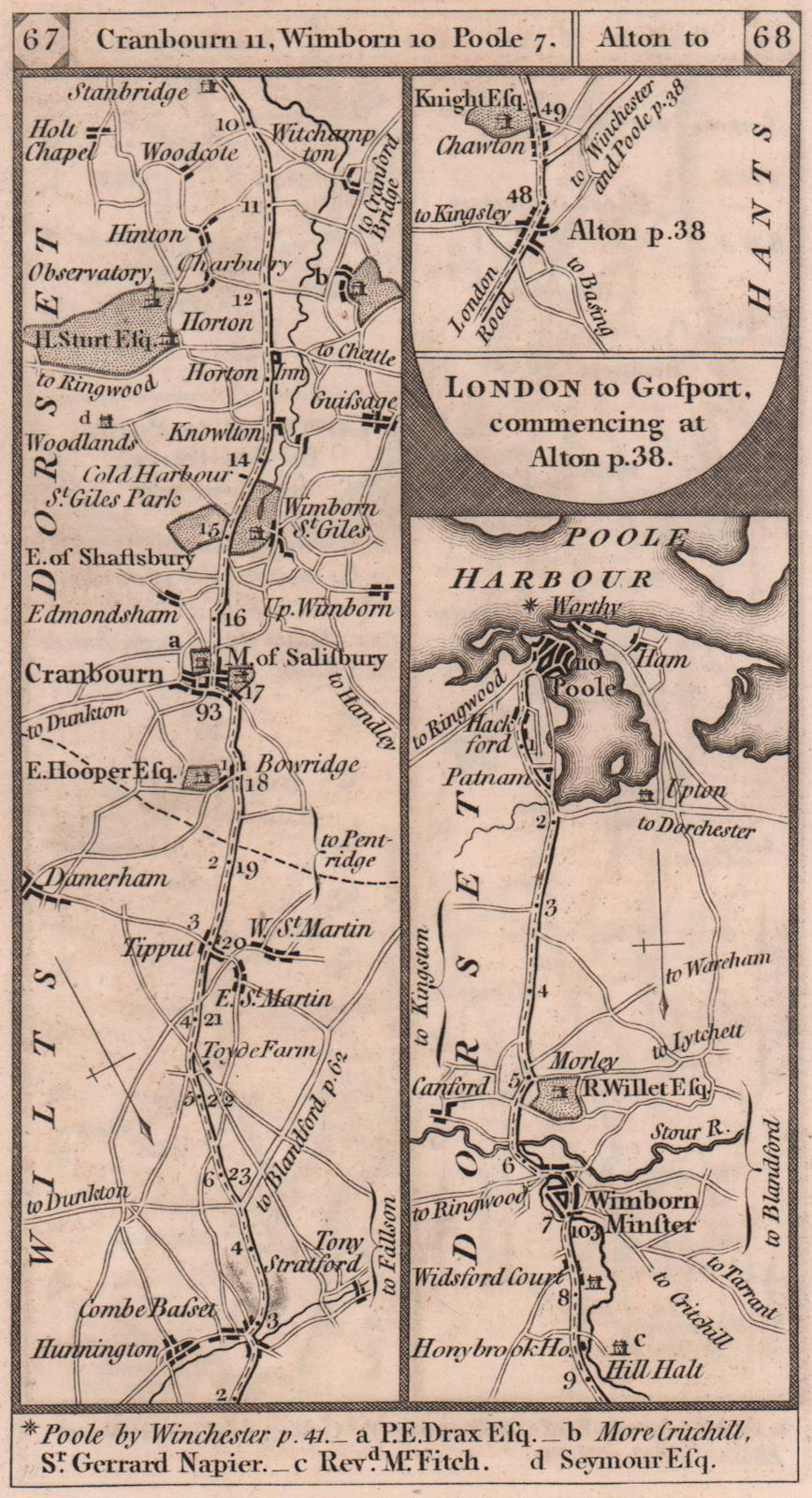 Cranborne-Wimborne Minster-Poole. Alton road strip map PATERSON 1803 old
