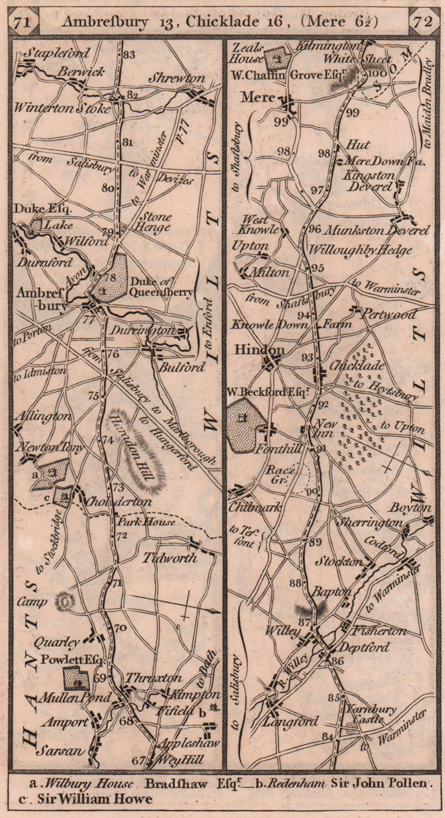 Associate Product Thruxton-Durrington-Amesbury-Wylye-Hindon-Mere road strip map PATERSON 1803