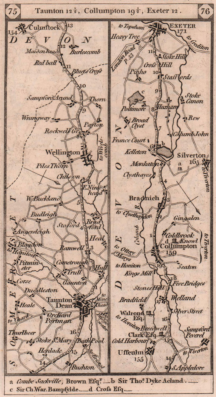 Taunton-Wellington-Collompton-Silverton-Exeter road strip map PATERSON 1803