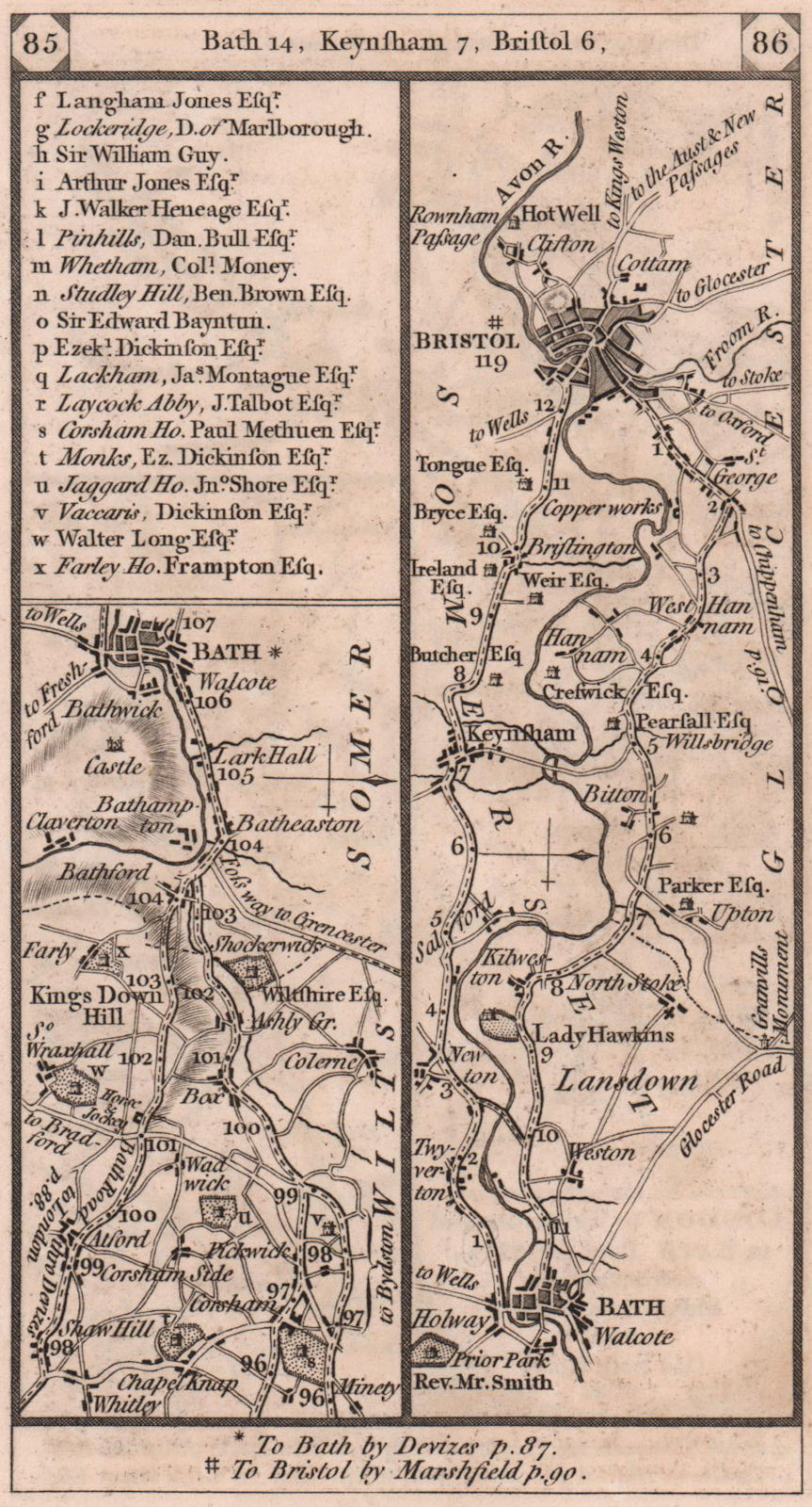 Corsham - Bath - Bristol road strip map PATERSON 1803 old antique chart