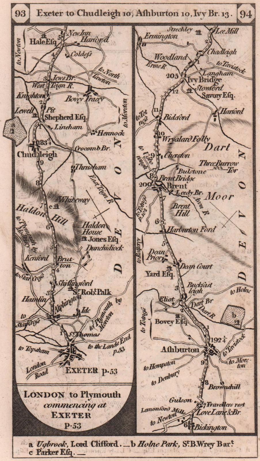 Exeter-Chudleigh-Ashburton-Brent-Ivybridge road strip map PATERSON 1803