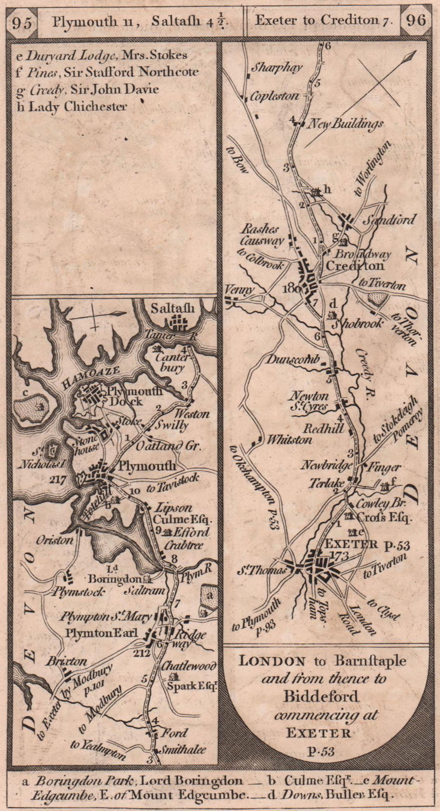Plympton-Plymouth-Saltash. Exeter-Crediton road strip map PATERSON 1803