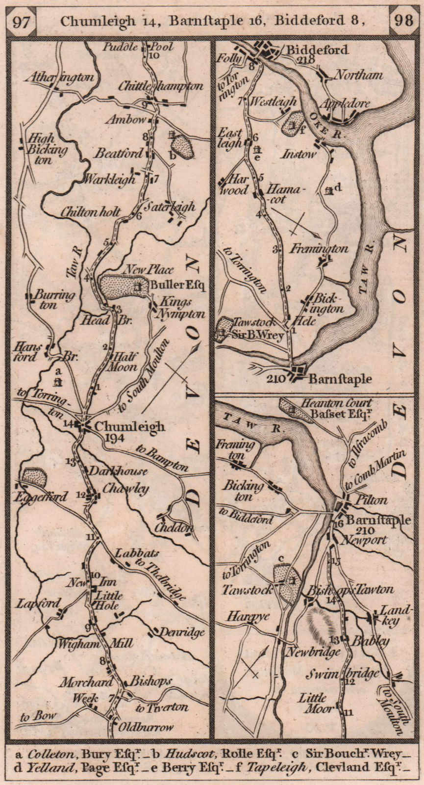 Chulmleigh - Barnstaple - Bideford road strip map PATERSON 1803 old