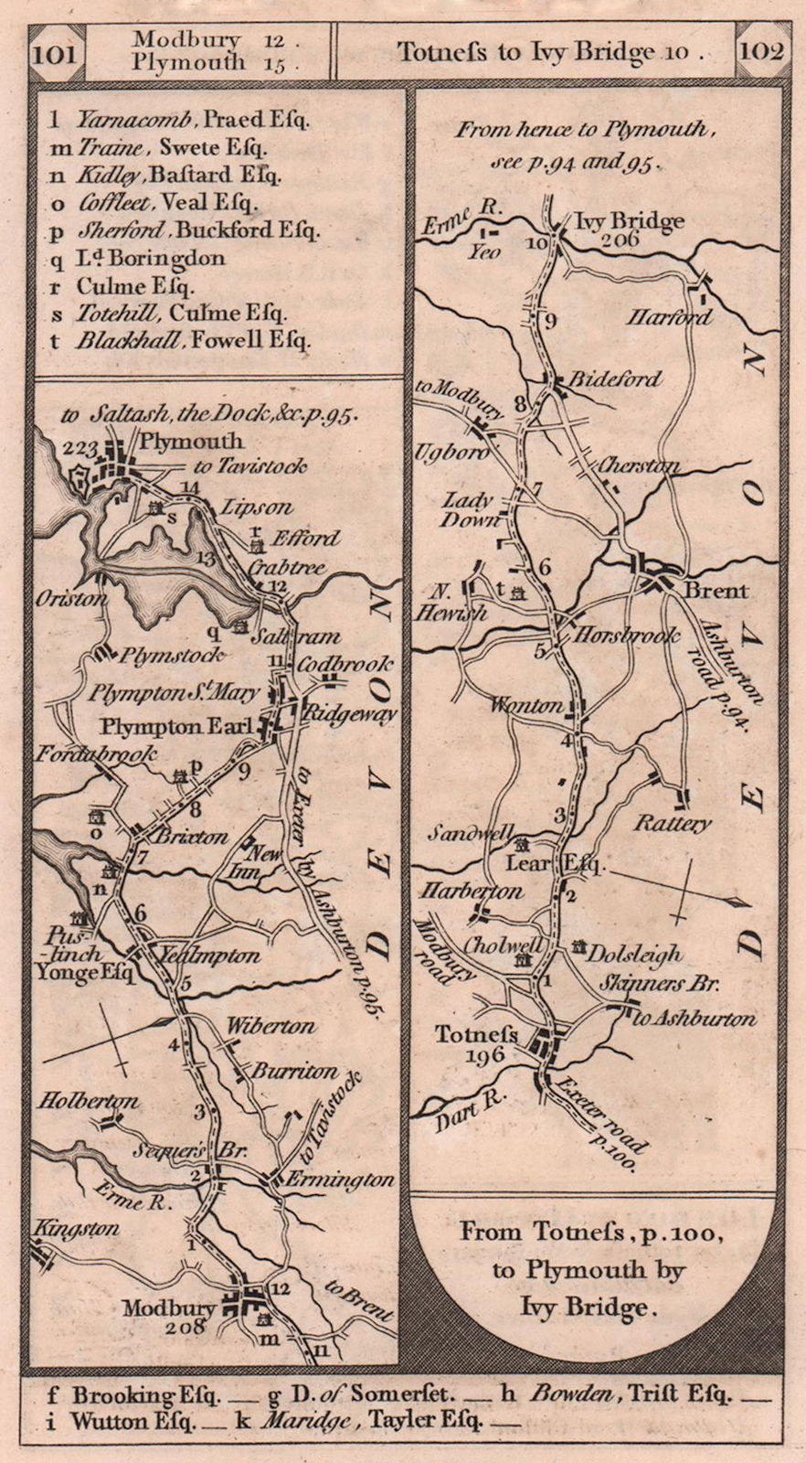 Modbury-Plymouth. Totnes-South Brent-Ivybridge road strip map PATERSON 1803