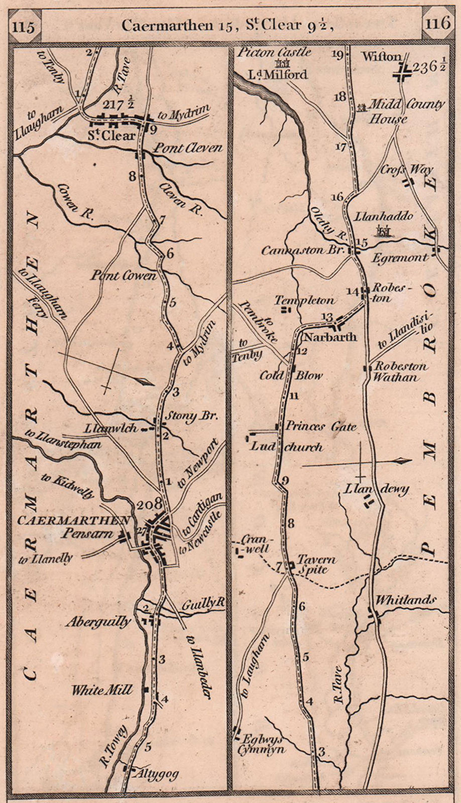 Carmarthen - St. Clears - Narberth - Wiston road strip map PATERSON 1803