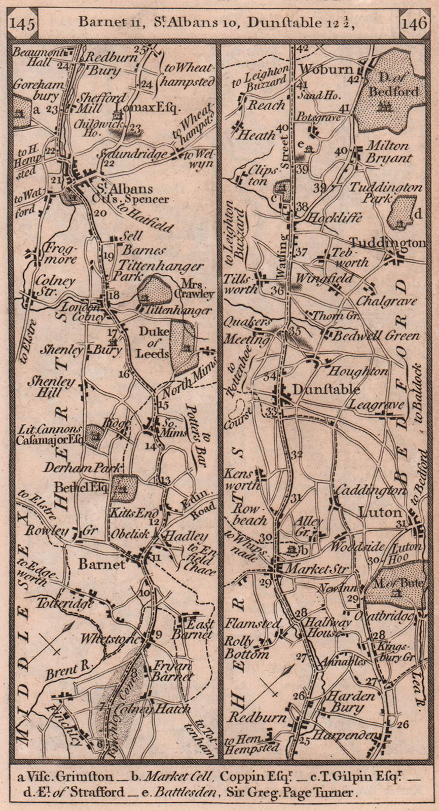 Barnet-St Albans-Harpenden-Luton-Dunstable road strip map PATERSON 1803