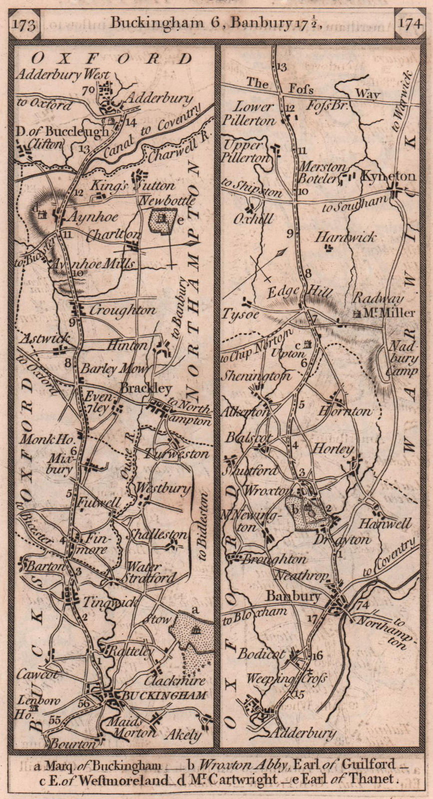 Buckingham-Tingewick-Brackley-Banbury-Kineton road strip map PATERSON 1803