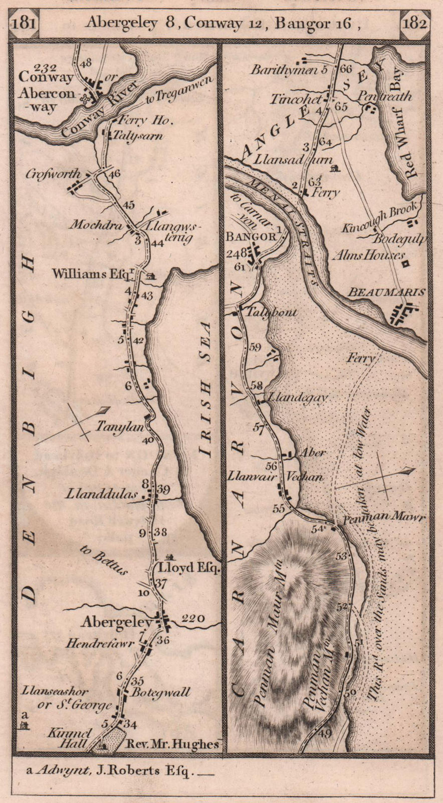 Associate Product Abergele-Conwy-Bangor-Beaumaris-Pentraeth road strip map PATERSON 1803 old