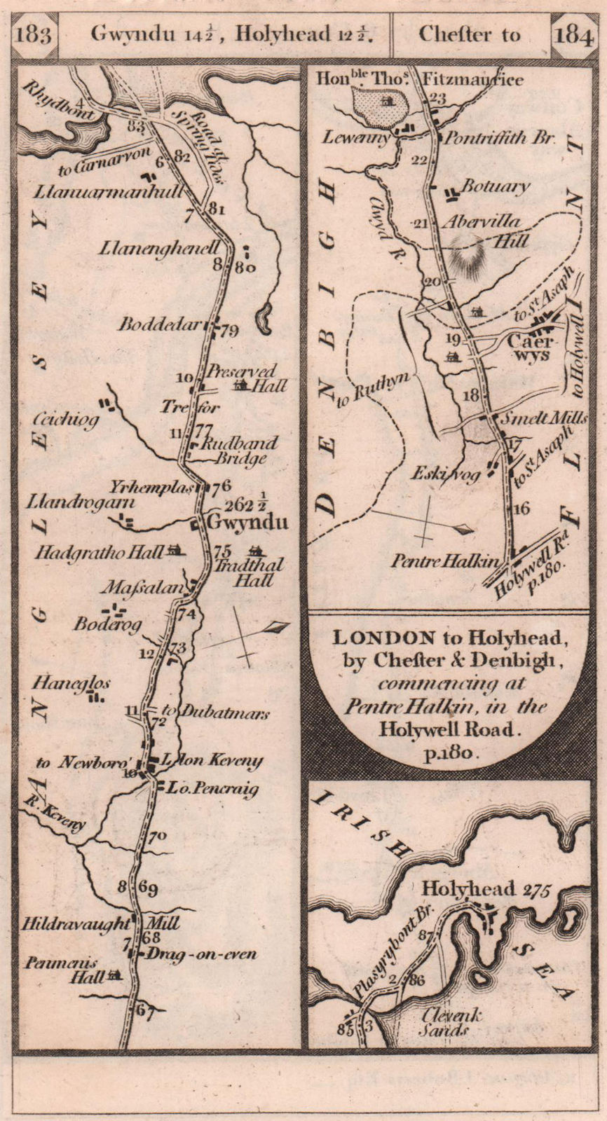 Holyhead Anglesey. Pentre Halkyn-Caerwys road strip map PATERSON 1803 old