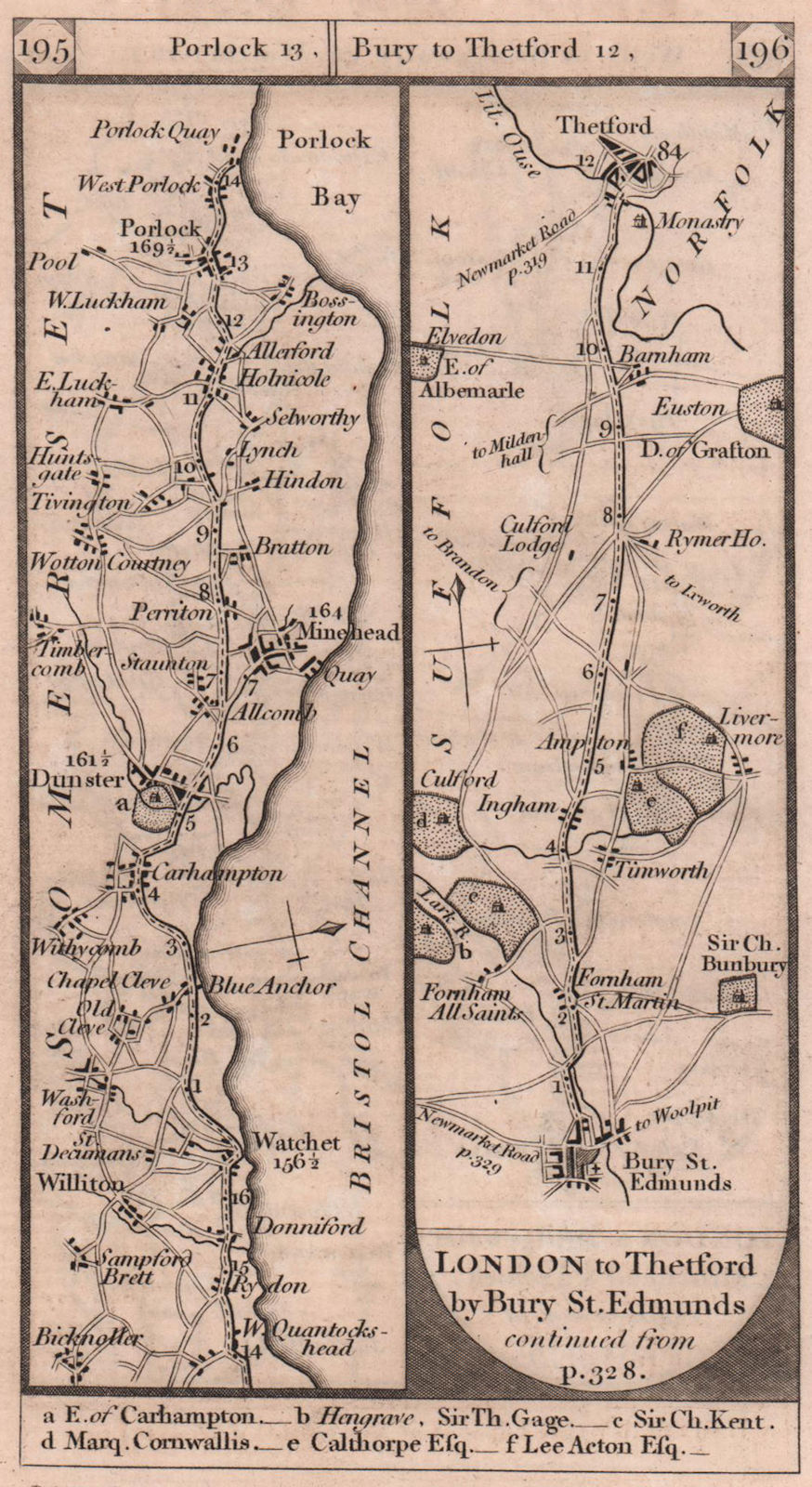 Associate Product Dunster-Minehead. Bury St. Edmunds-Thetford road strip map PATERSON 1803