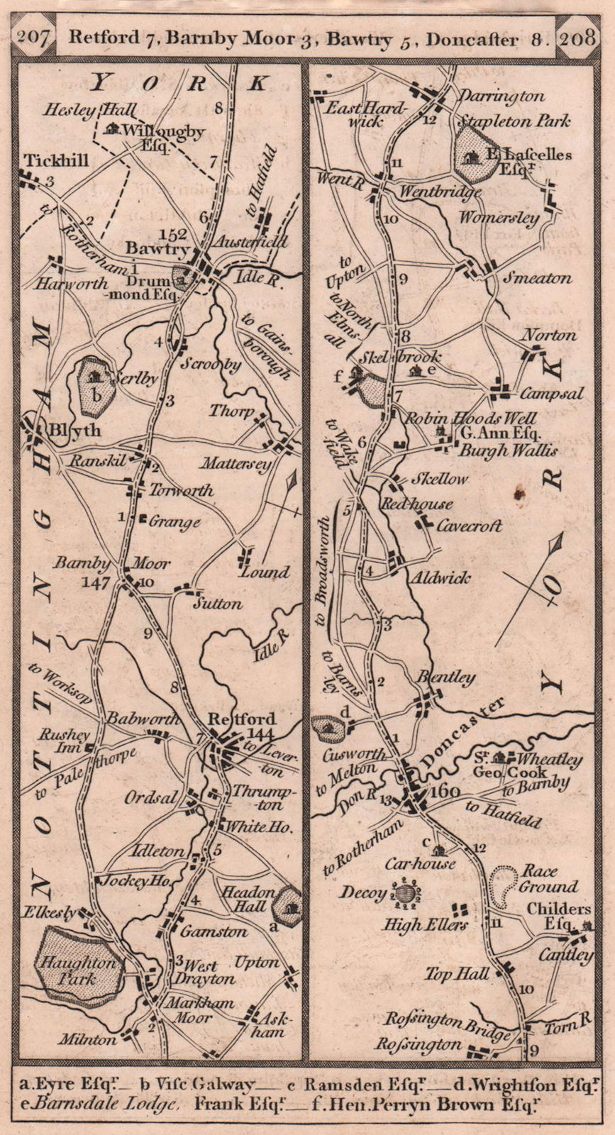 Retford-Blyth-Bawtry-Doncaster-Darrington road strip map PATERSON 1803 old