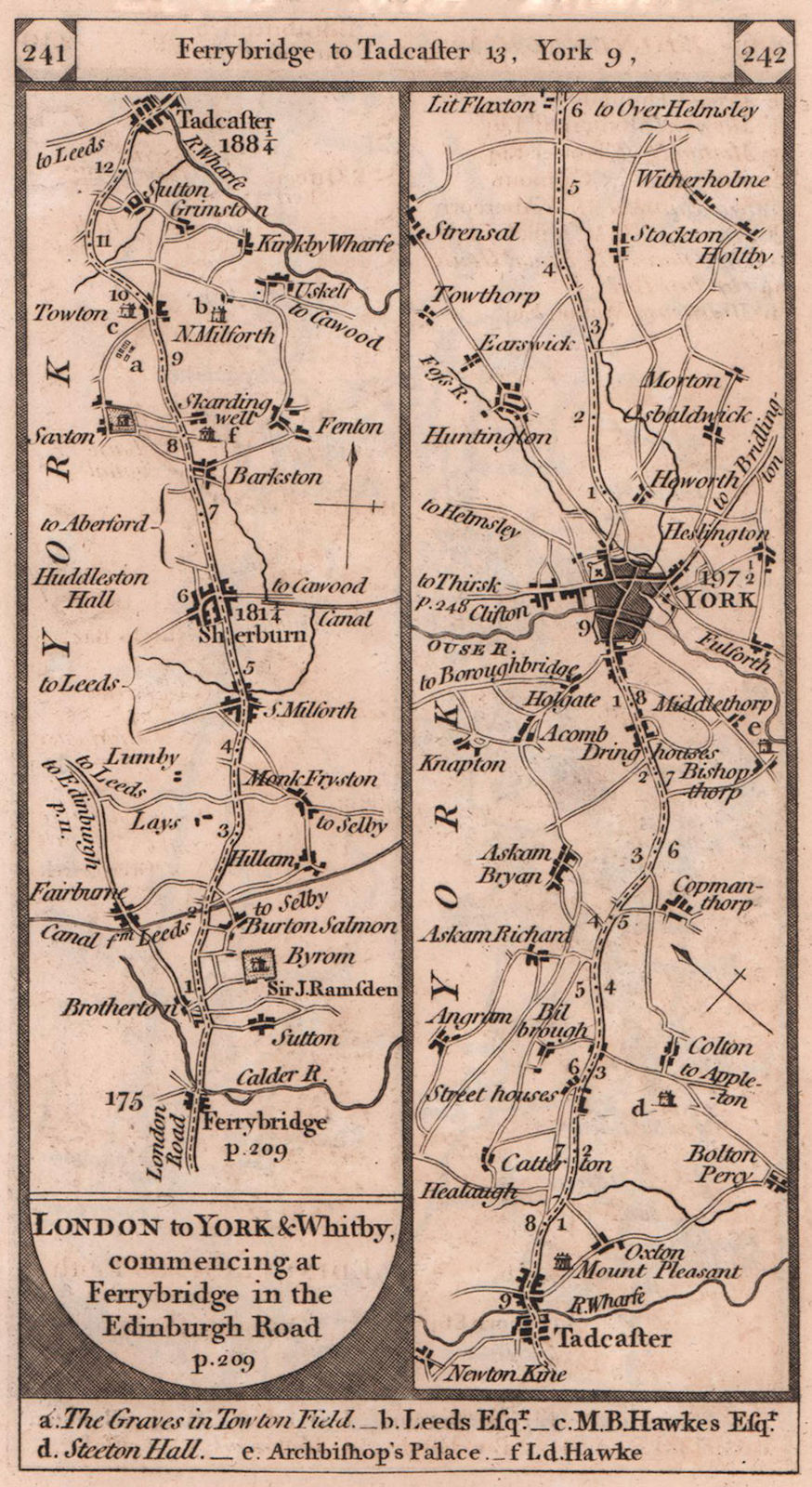 Ferrybridge - Sherburn - Tadcaster - York road strip map PATERSON 1803 old