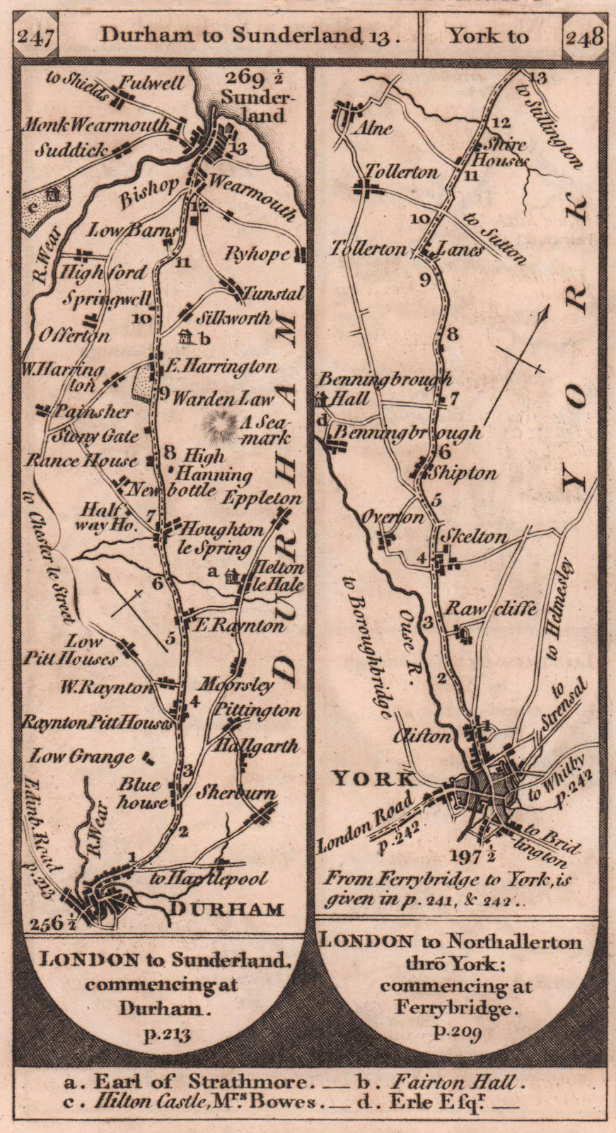 Durham - Sunderland. York - Tollerton road strip map PATERSON 1803 old