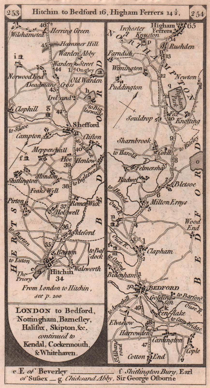 Hitchin - Shefford - Bedford - Higham Ferrers road strip map PATERSON 1803