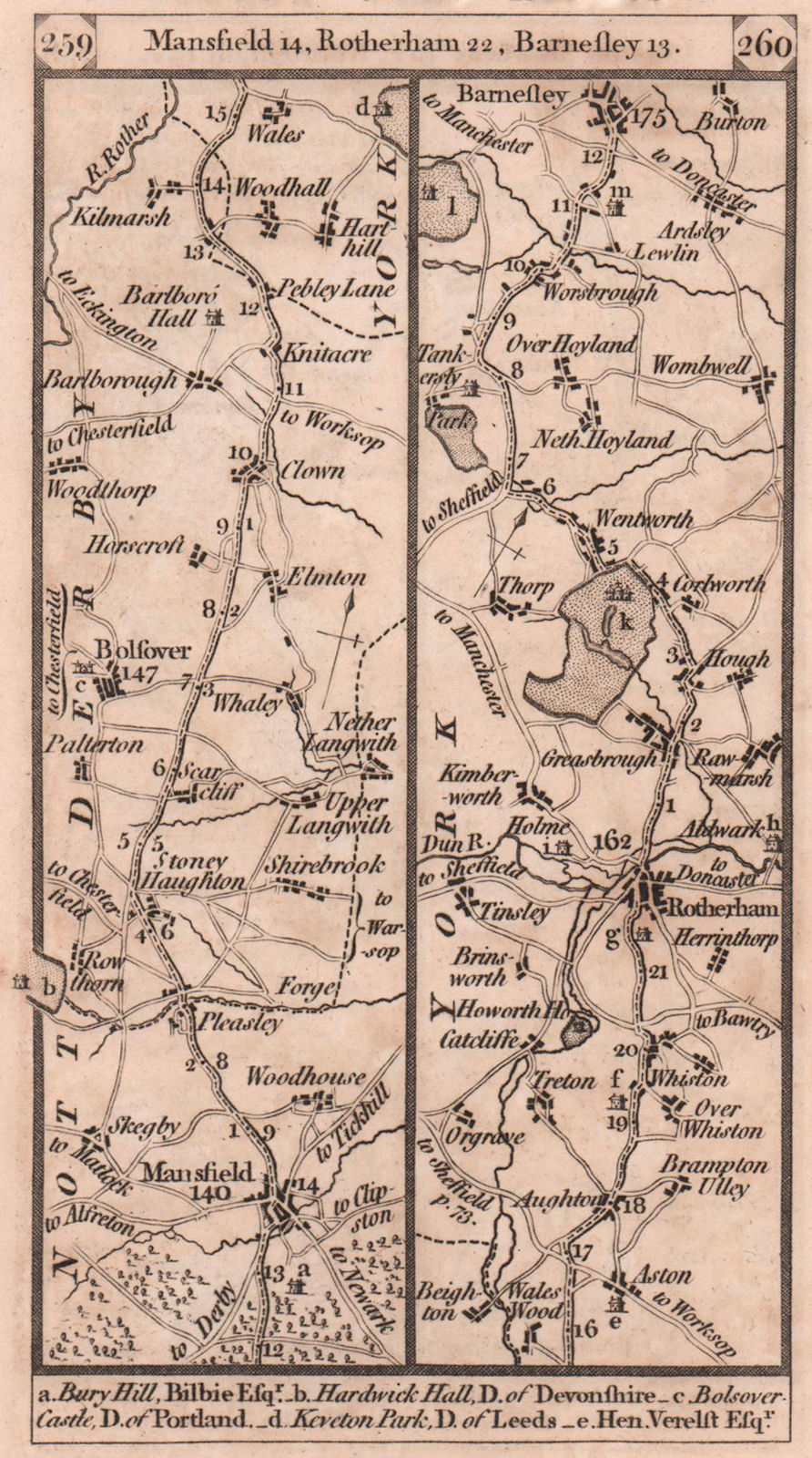 Mansfield - Bolsover - Rotherham - Barnsley road strip map PATERSON 1803