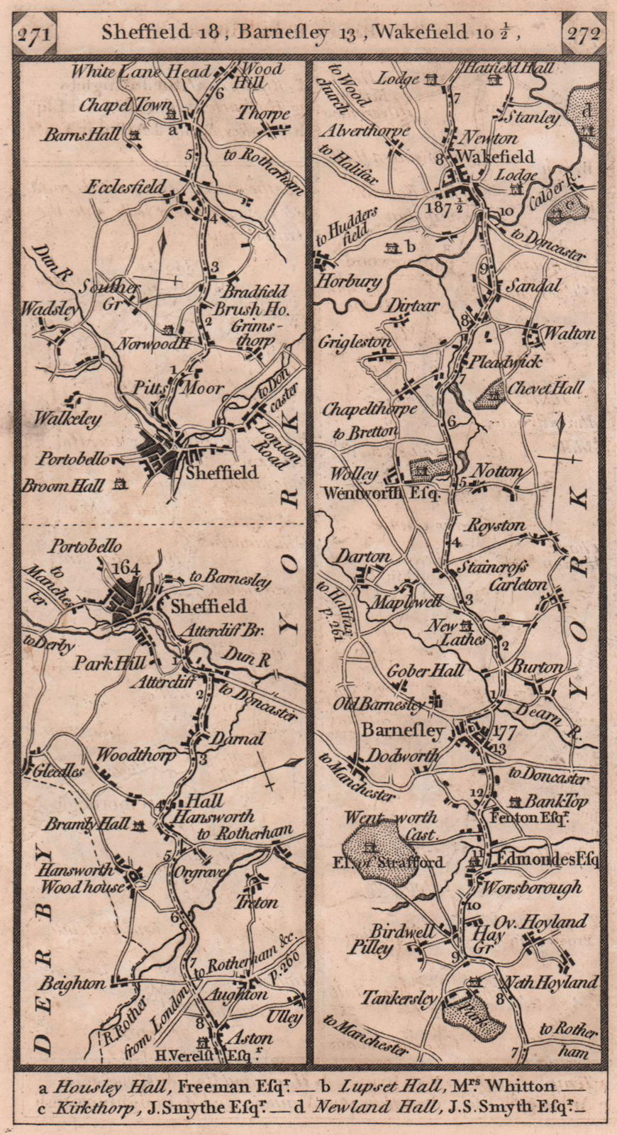 Sheffield - Ecclesfield - Barnsley - Wakefield road strip map PATERSON 1803