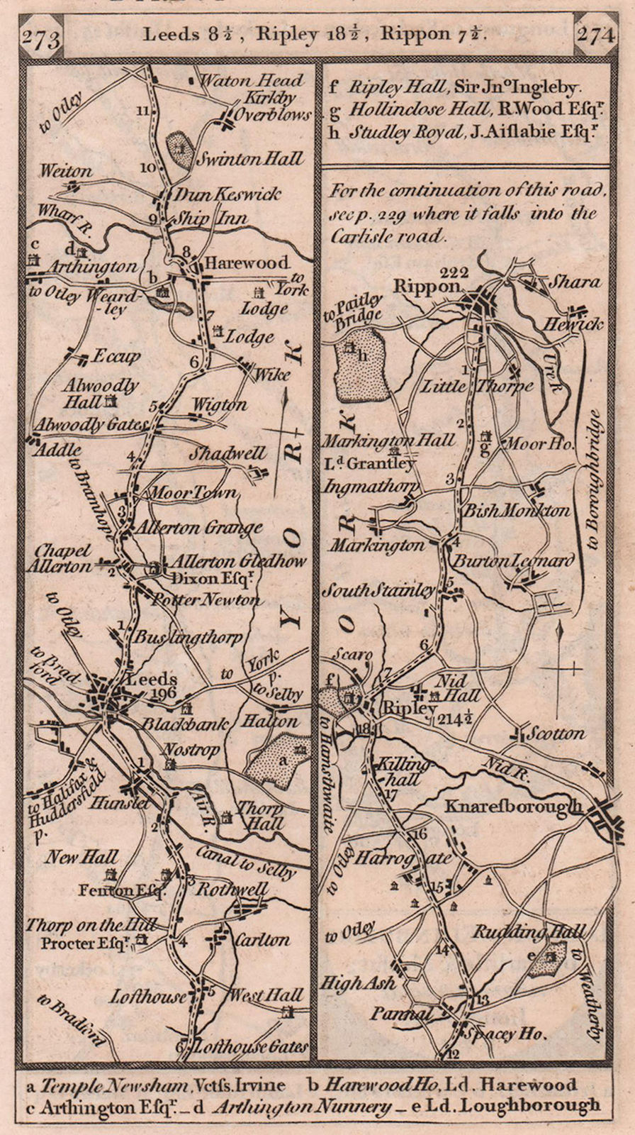 Leeds-Harewood-Knaresborough-Ripley-Ripon road strip map PATERSON 1803 old