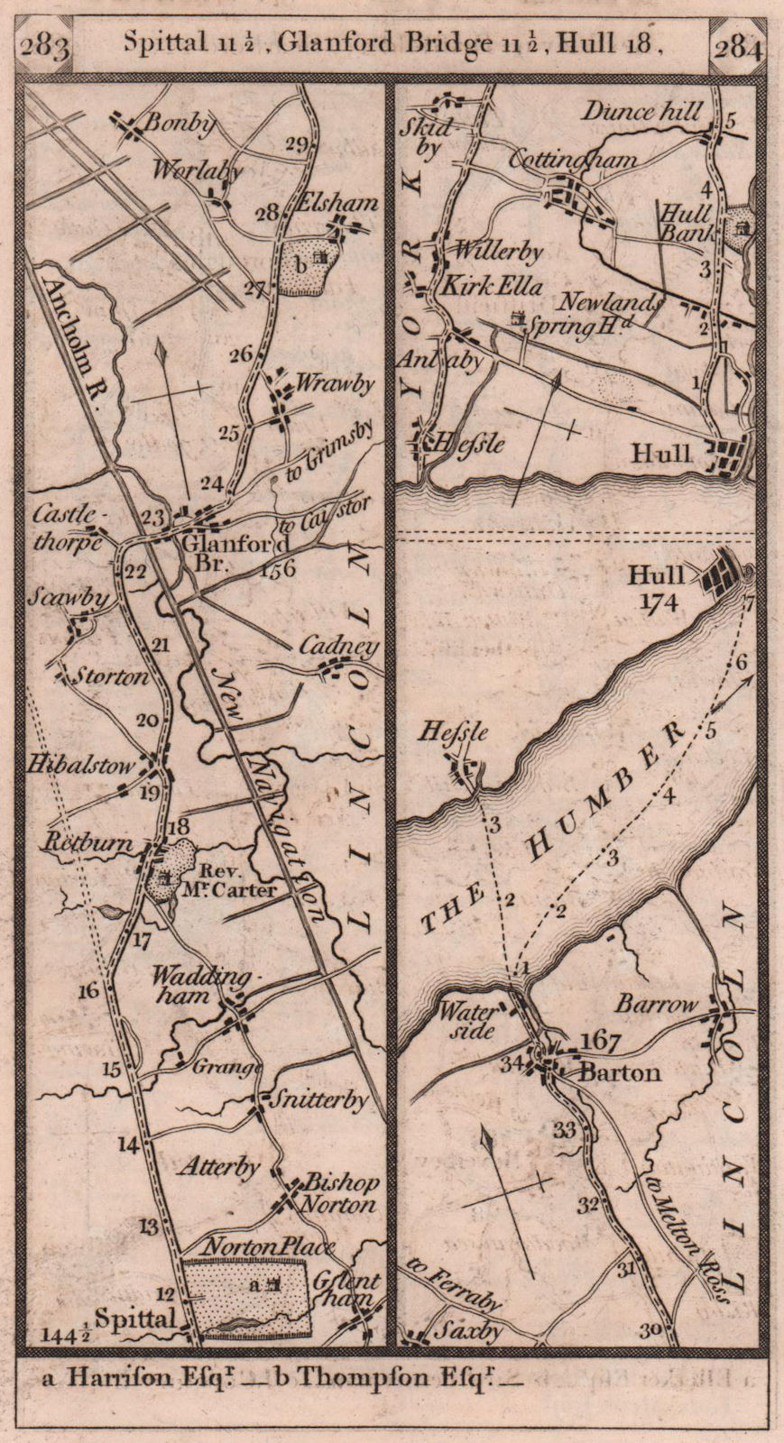 Glanford Bridge - Barton - Hull road strip map PATERSON 1803 old antique