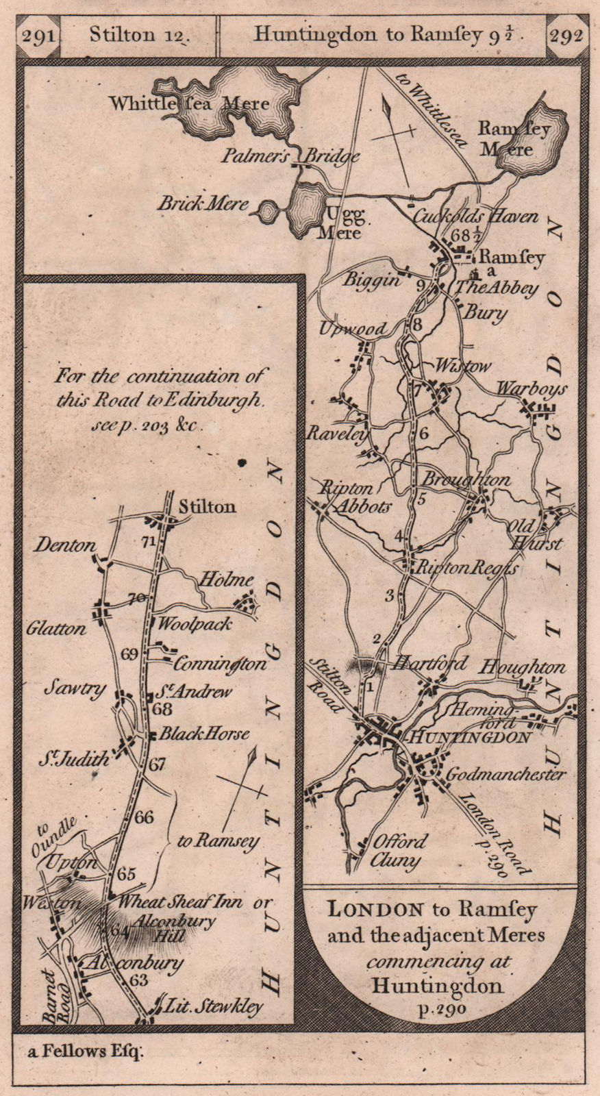 Stilton. Huntingdon - Ramsey - Whittelsey Mere road strip map PATERSON 1803