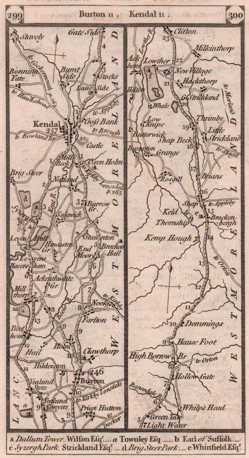 Burton-in-Kendal - Kendal - Shap - Melkinthorpe road strip map PATERSON 1803