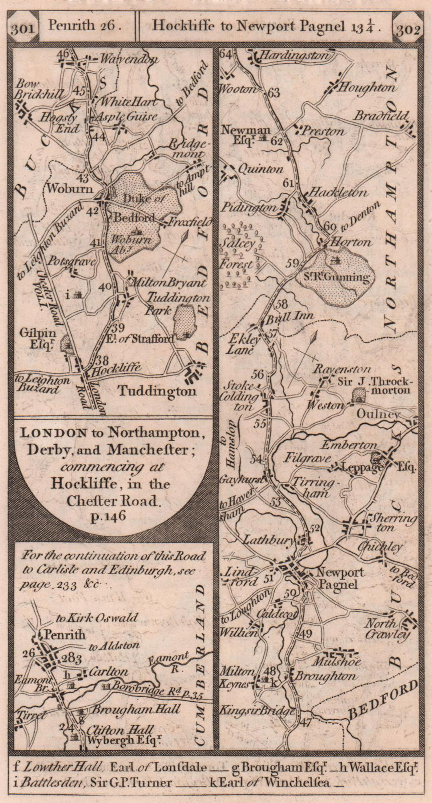 Penrith. Toddington-Woburn-Newport Pagnell road strip map PATERSON 1803